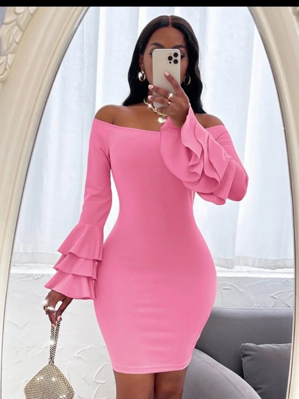 SHEIN Pink Off-Shoulder Ruffle Sleeve Bodycon Dress - Picture 1 of 2